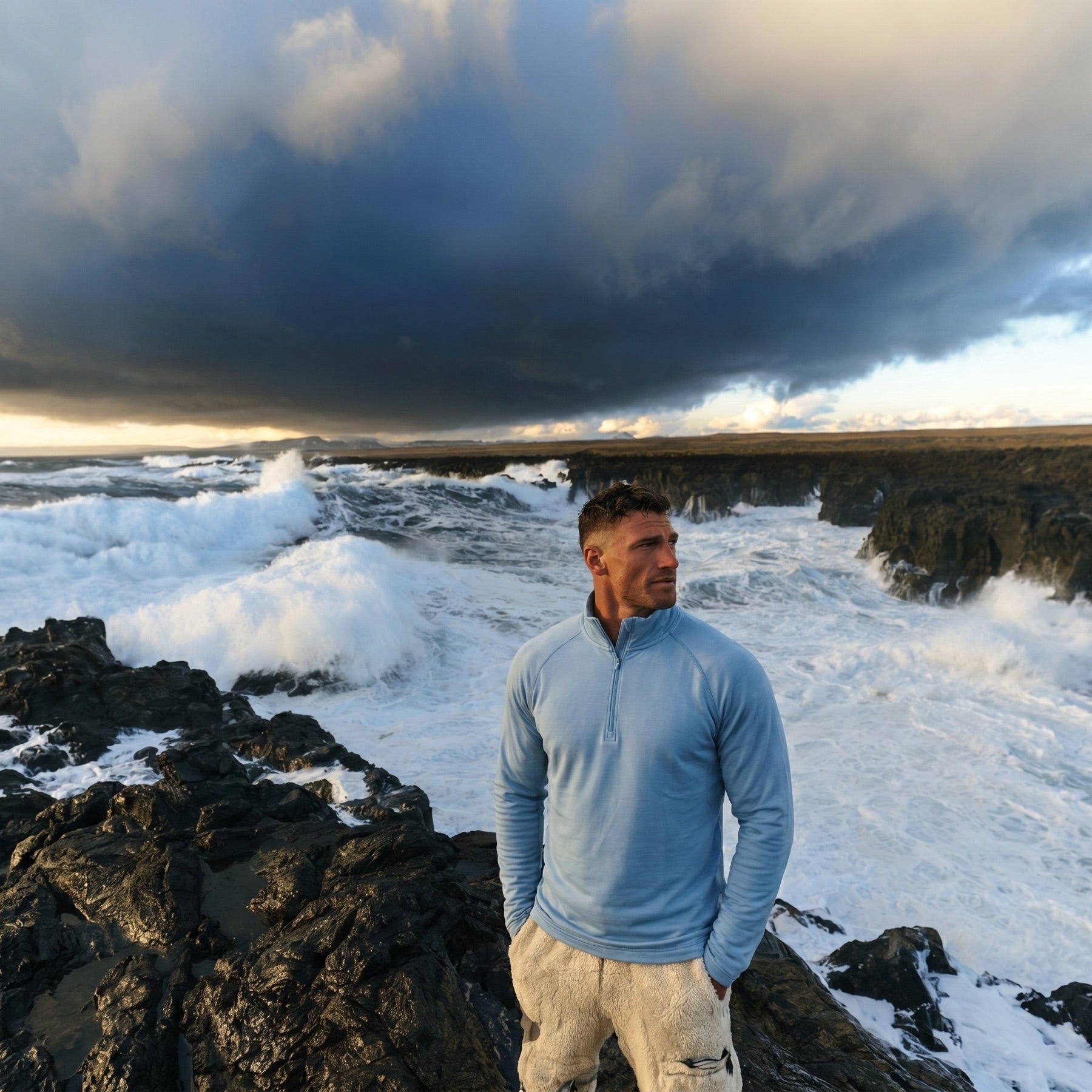A man in merino standing on black coastal rock as storm waves break behind him