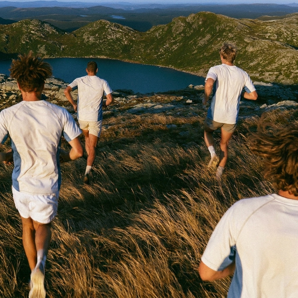 Four runners in merino tees descending an open ridge above a mountain lake at golden hour