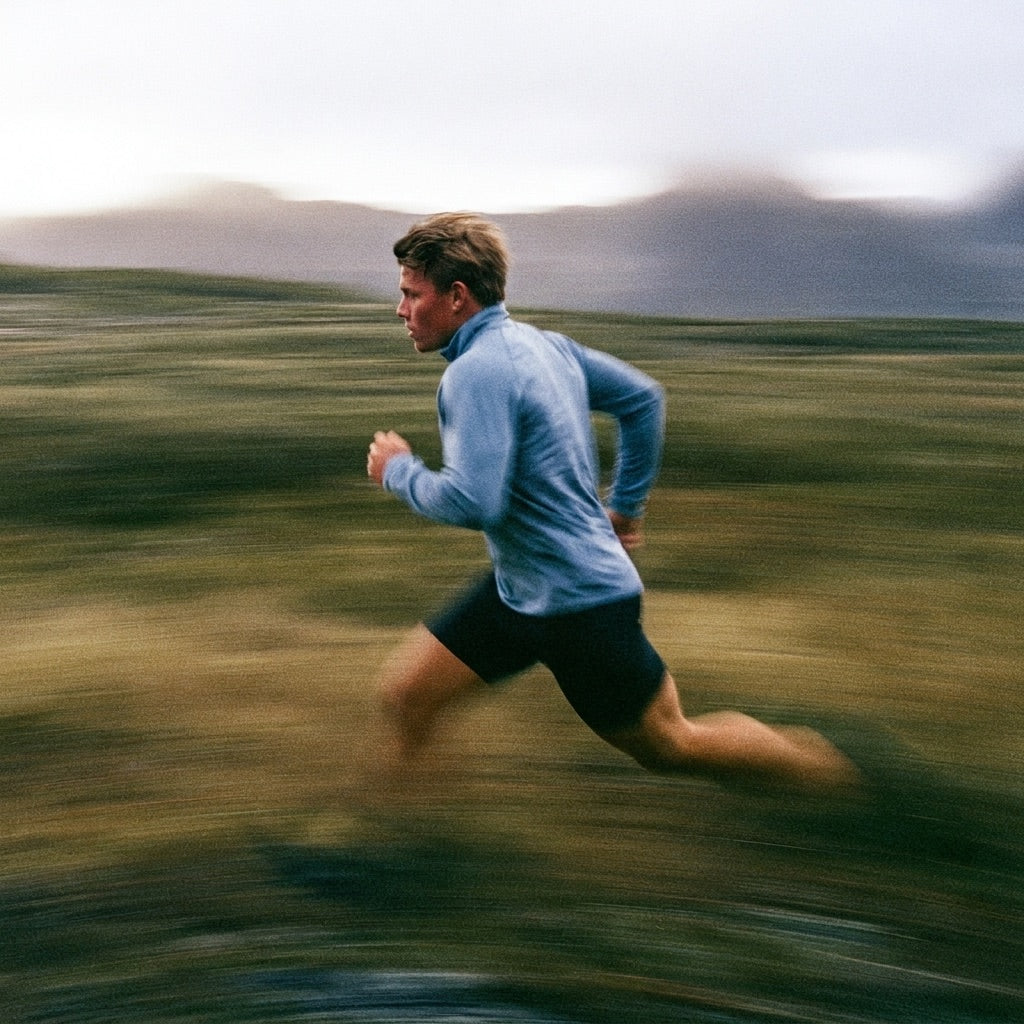 A runner at full stride across open moorland, motion-blurred