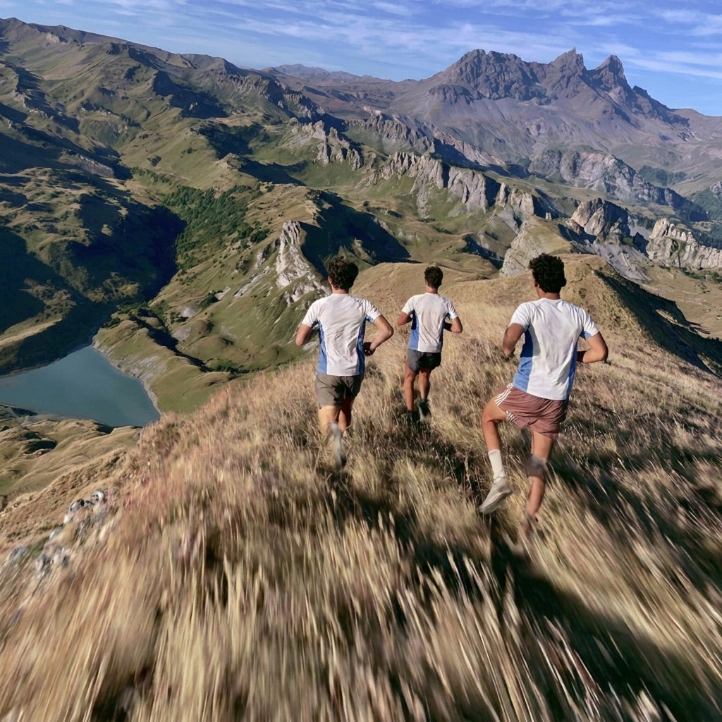 Three runners in merino tees descending an alpine ridge above a lake