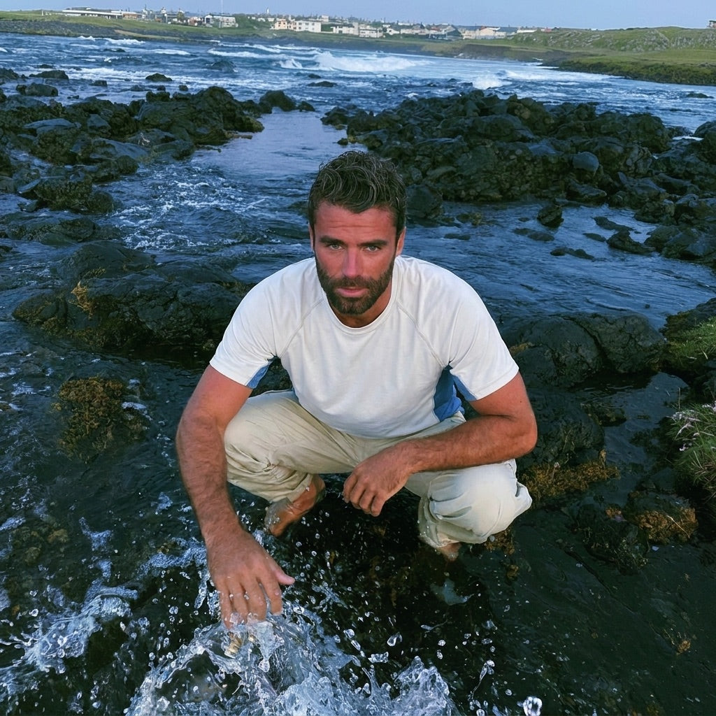 The merino tee worn crouching in a rocky river, oatmeal with blue side panels
