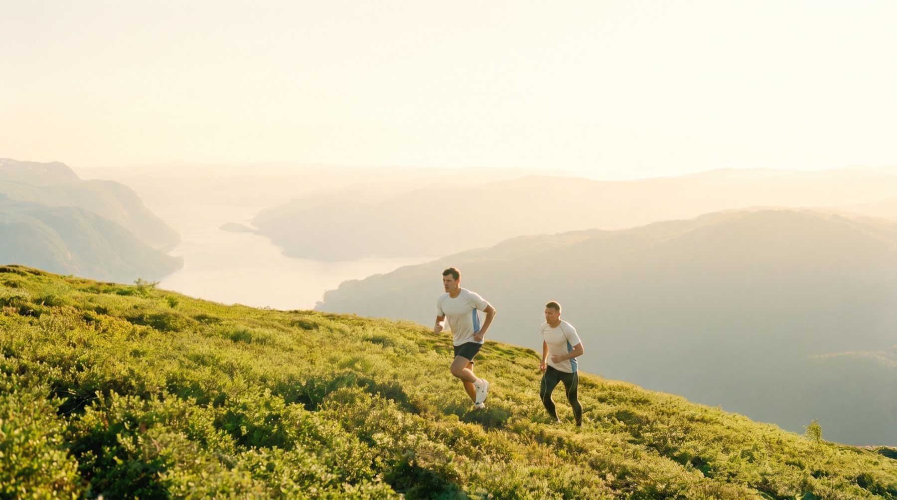 Two runners on a misty hillside above a fjord